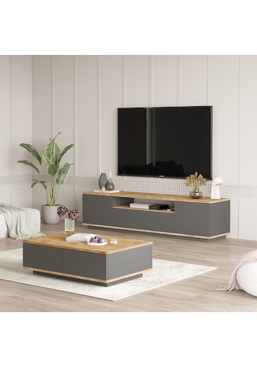 Robin Home Loft Tv Ünitesi Orta Sehpa 2'li Set Çam-antrasit