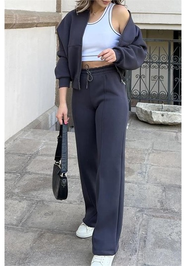 Neşeli Butik Kadın Fermuarlı 3 İplik Eşofman Takımı Nb0018 - Antrasit Antrasit