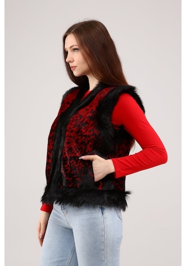 Leatinn Kırmızı Kadın Desenli Deri Yelek Çok Renkli