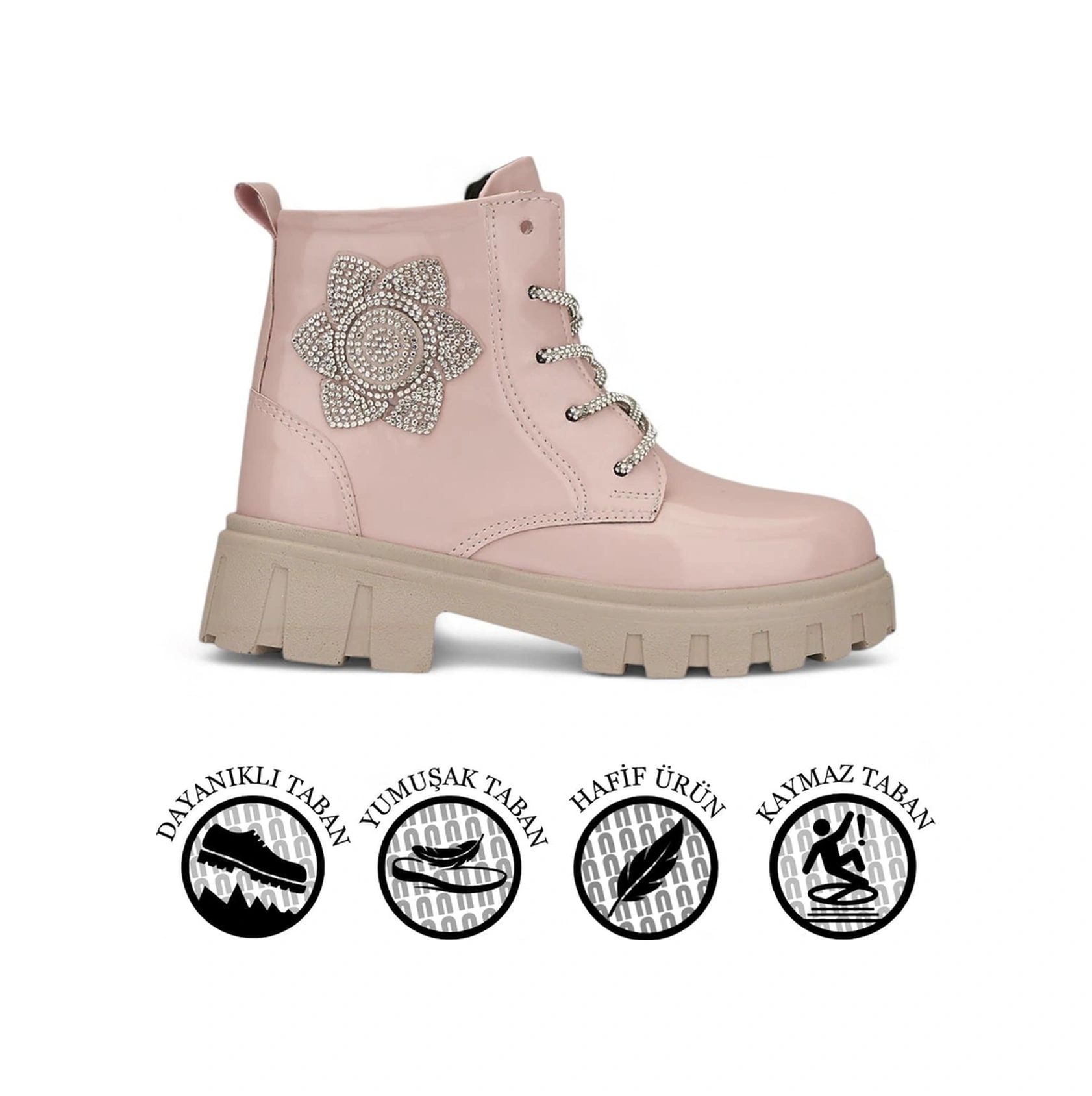 Günlük Çocuk Bot Rugan Çiçekli Taşlı Bağcıklı Fermuarlı Rugan Kalın Tıtrıklı Taban Bootie 600 Pudra - Rugan