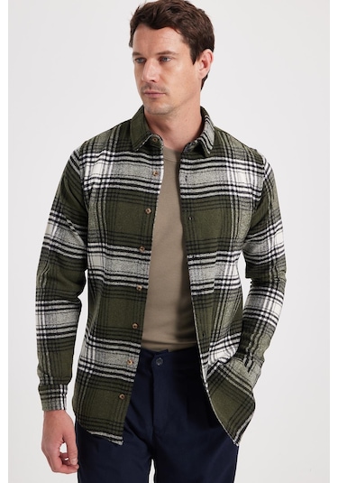 Tudors Erkek Slim Fit Dar Kesim Kareli Kışlık Oduncu Gömlek-42372 Haki