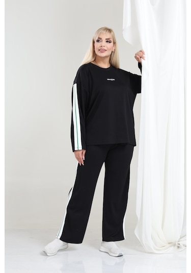 Kadın Büyük Beden Uzun Kollu Şerit Detaylı Oysho Tarzı Modal Kumaş Takım Siyah