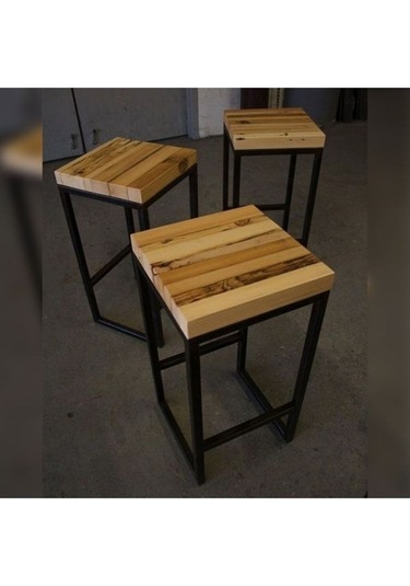 Endüstriyel Doğal Ahşap Masif Panel Bar Taburesi Siyah