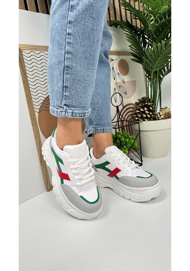 Günlük Kadın Sneaker Kalın Yüksek Taban Bağcıklı Rahat Tiger Şeritli Spor Ayakkabı 032 08-taş Yeşil Kırmızı