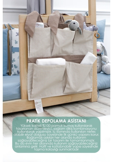 Beşik Yanı Düzenleyici, 5 Cepli Bebek Odası Organizer Ekose Kahverengi