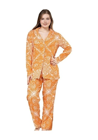 Yaren Collection Pamuklu Kadın Pijama Takımı Uzun Kollu Nefes Ala Turuncu