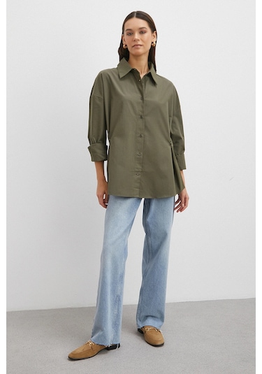 Düğme Detaylı Pamuklu Gömlek Haki Haki