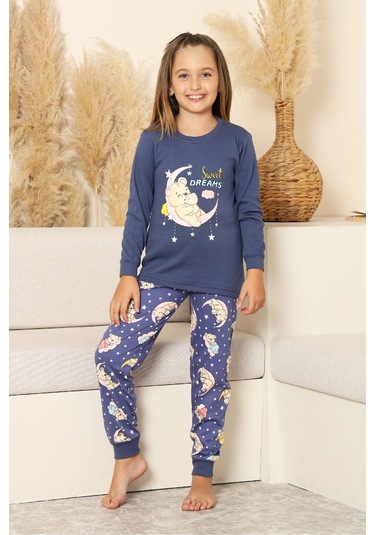 Kız Çocuk %100 Pamuk İnterlok Kumaş Pijama Takımı 6-15 Yaş 12421 Indigo