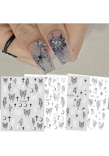 Siyah Beyaz Gümüş Haç Yıldız Ay Kelebekler Tırnak Sanatı Çıkartmaları Folyo B