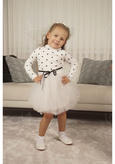 Puantiyeli Kız Çocuk Uzun Kollu Doğum Günü Ve Özel Günler İçin Tüllü Elbise Beyaz