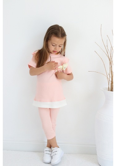 Kız Çocuk Ayıcık Oyuncaklı Kaprili Yazlık Basic Takım 2-5 Yaş Somon