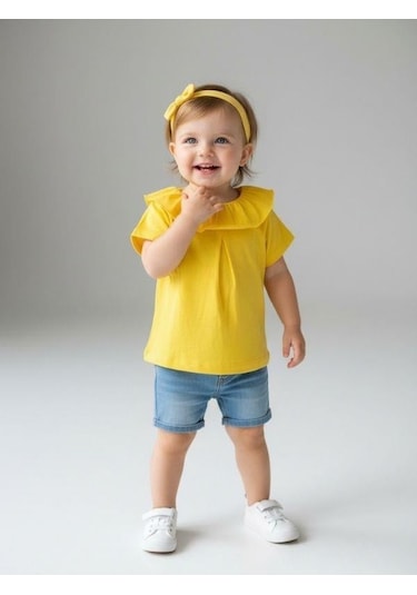 Zekids Kız Bebek Pamuklu Yakası Fırfırlı Basic T-shirt-7460 Sarı