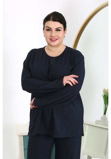 Akbeniz Kadın Büyük Beden Uzun Kol Penye Pijama Takımı Lacivert 202501 Lacivert