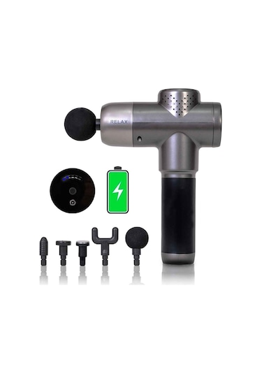 Profesyonel Şarjlı 5 Başlıklı Masaj Tabancası Vurmalı Titreşim Spor Aleti Gri