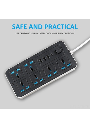 Symbee Eu 220-240v 2m Kablolu Şarj Cihazı: 6 Fiş + 3 Usb + 1 Type-c, Bağımsız Anahtar, Siyah Beyaz Bakır+abs Malzeme