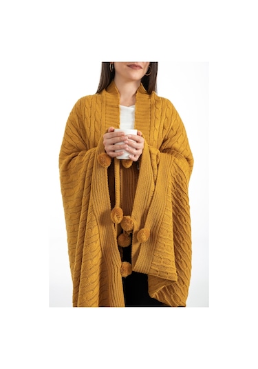 Ponponlu Triko Örme Tv Battaniyesi Koltuk & Omuz Şalı & Diz Battaniyesi 130x170cm - Hardal Hardal