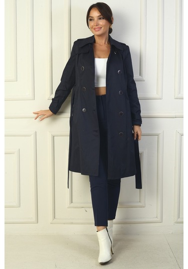 Kadın Önü Düğmeli Beli Kuşaklı Cepli Pardesü Lacivert