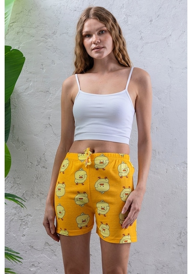 Giysa Kadın Beli Lastikli Desenli Şort Pijama Altı Sarı - 2027 Sarı
