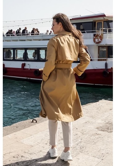 Düğmeli Kemerli Uzun Klasik Trençkot 2115 Camel