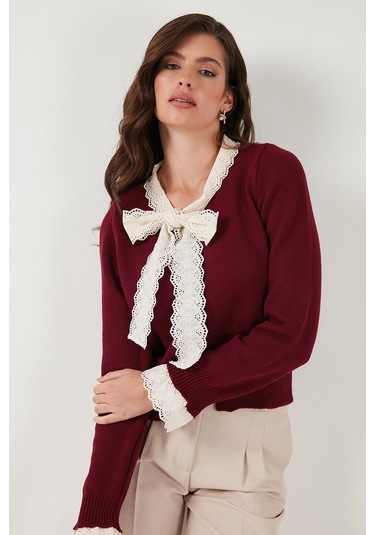 Lela Premium Dantelli Bağlamalı Yaka Regular Fit Düğmeli Triko Bayan Hırka 680Hi00251 Bordo