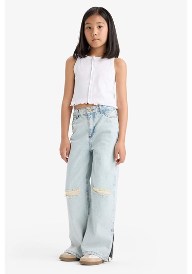 Defacto Kız Çocuk Wide Leg Yırtık Detaylı Geniş Paça Jean Pantolon Z4708a625spnm63 Mavi