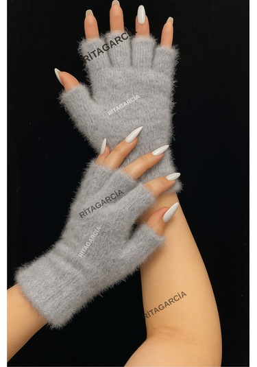 Peluş Kesik Parmak Eldiven Gri