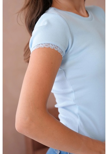 Dantel Detaylı Örme Body Bluz Mavi