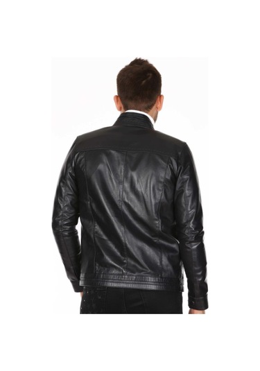 Hakiki Kuzu Derisi Spor Fermuarlı Dik Yaka Erkek Deri Ceket Siyah Siyah
