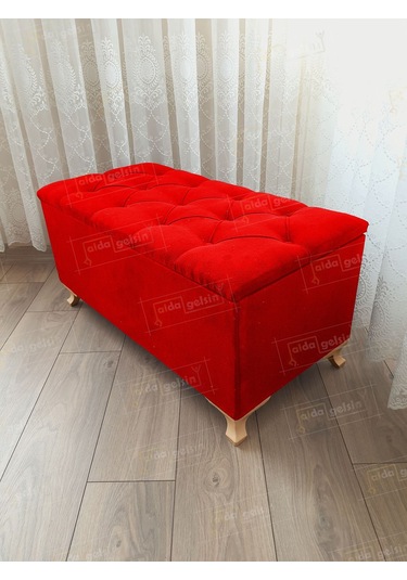 Lüks Sandıklı Kapitoneli Ayakucu Puf Bench 100 Cm Gold Ayak Kırmızı