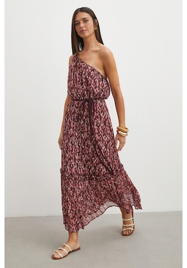 Uterpe One Shoulder Floral Print Maxi Dress Mürdüm