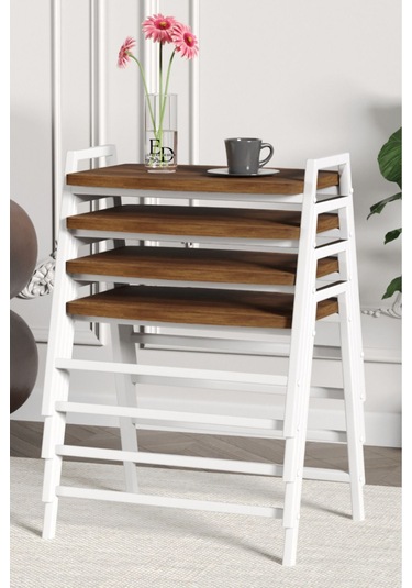 Zigon Sehpa , Aden 4'lü Tepsi Zigon Sehpa Takımı Beyaz Metal - Barok Tabla Beyaz-barok