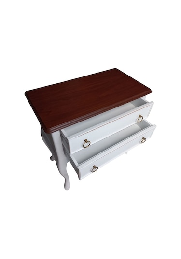 Roys Ahşap B3540 Beyaz Üstü Ceviz Eskitme Çift Çekmeceli  Komodin