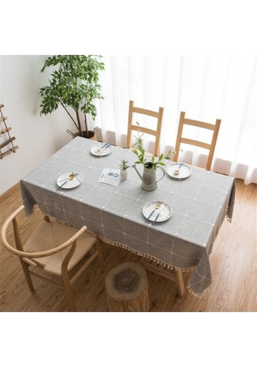 Kare Kafes İşlemeli Masa Örtüsü Saf Renk Pamuk Keten Püskül Dikdörtgen Sehpa Mat, Boyutu: 140x220cm Gri Gri Gri