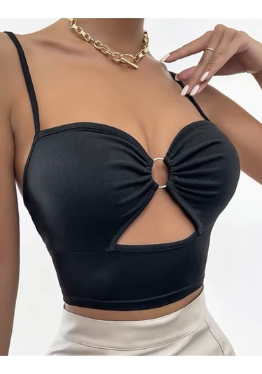 Merry See Aksesuarlı Şık Crop Büstiyer T-shirt Siyah