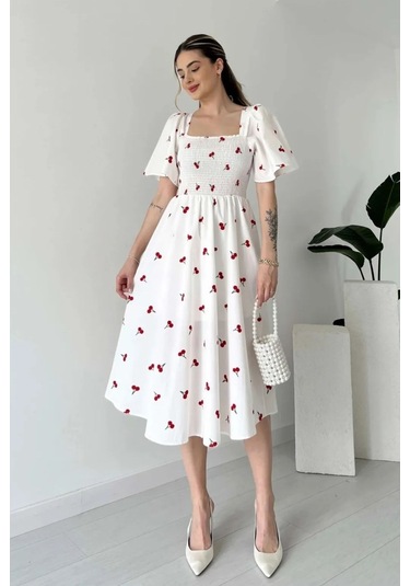 Gipeli Kemerli Kare Yaka Elbise Uzun Poplin Elbise Beyaz