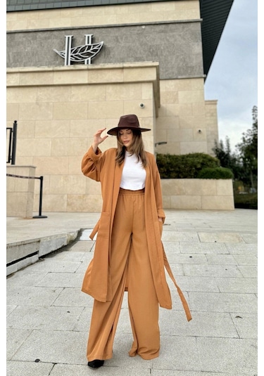 Kadın Taba Çift Cepli Uzun Kimono & Bol Paça Pantolon - Salaş Alt & Üst Takım Taba