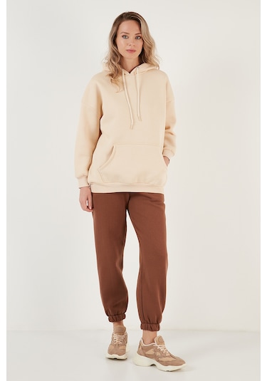 Lela Regular Fit Pamuklu Kapüşonlu Yaka Şardonlu Kışlık Bayan Sweat 5863854 Bej