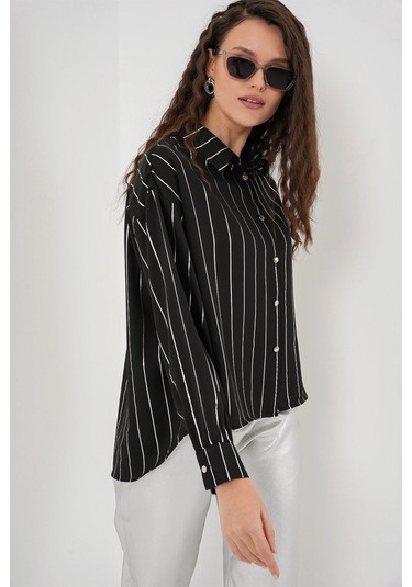 Gülsüm Aydın 5924 Gümüş Çizgili Gömlek - Siyah Siyah