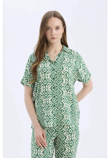Defacto Regular Fit Desenli Kısa Kollu Gömlek C9621ax25spgn751 Yeşil