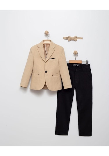 Erkek Çocuk Keten Spor Blazer Ceket, Pantolon Ve Papyon Erkek Çocuk Takım Elbisesi - 4414 Krem