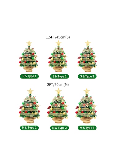 1.5ft Masa Üstü Yıldızlı Noel Ağacı Kırmızı Yeşil Toplar Yeşil