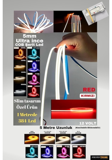 Ultra Ince 5mm. Kalınlık Cob Şerit Led Kırmızı Neon Gibi Yanar.