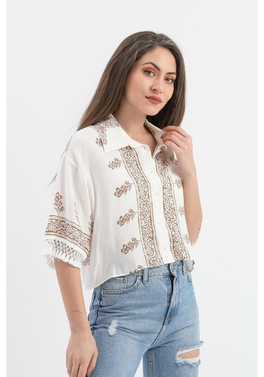 Antik Desenli Kolları Püsküllü Gömlek - Kahverengi-kahverengi Kahverengi