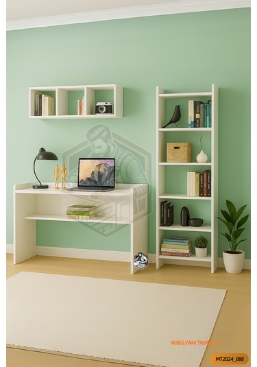 Tamamı Mdf Kitaplıklı Duvar Raflı Çalışma Odası Seti