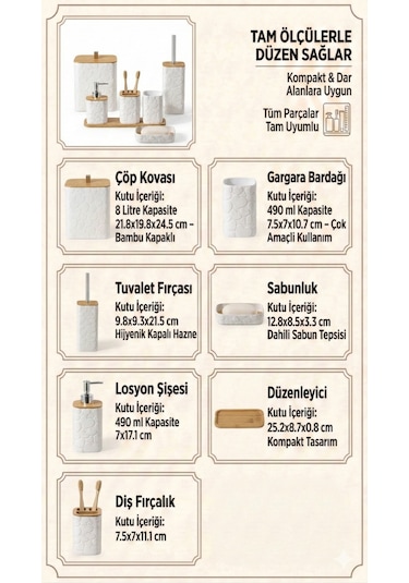 Makri Home Desenli 7 Parça Bambu Kapaklı Ve Aksesuarlı Banyo Seti Beyaz - Gri