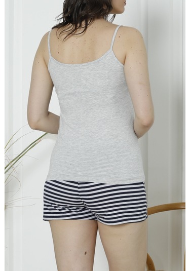 Kadın Şortlu Pijama Takımı İp Askılı Cepli Pamuklu Likrali Gri 60206 R09 Gri