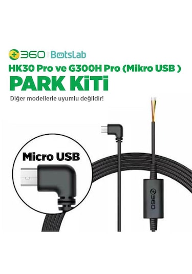 360+ Botslab G300H Pro/HK30 Pro Araç İçi Kamera 24 Saat Park Modu Kiti Akü Bağlantı Kablosu (Micro Usb)