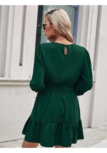 Kadın Uzun Kollu Bisiklet Yaka Beli Lastikli Fırfırlı Ithal Krep Elbise Yeşil