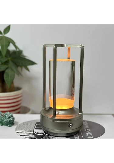 Honeybeeshop 1 Adet Gümüş Şarj Edilebilir Kristal Masa Lambası 2000mah Led Vintage Kablosuz Işık İç Dış Mekan Kamp Dekorasyon