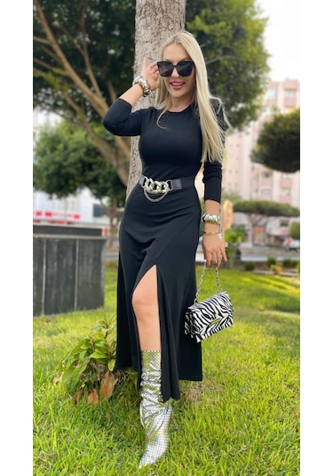 Kadın Uzun Kollu Bisiklet Yaka Yırtmaçlı Kemerli Uzun Çilek Elbise Siyah